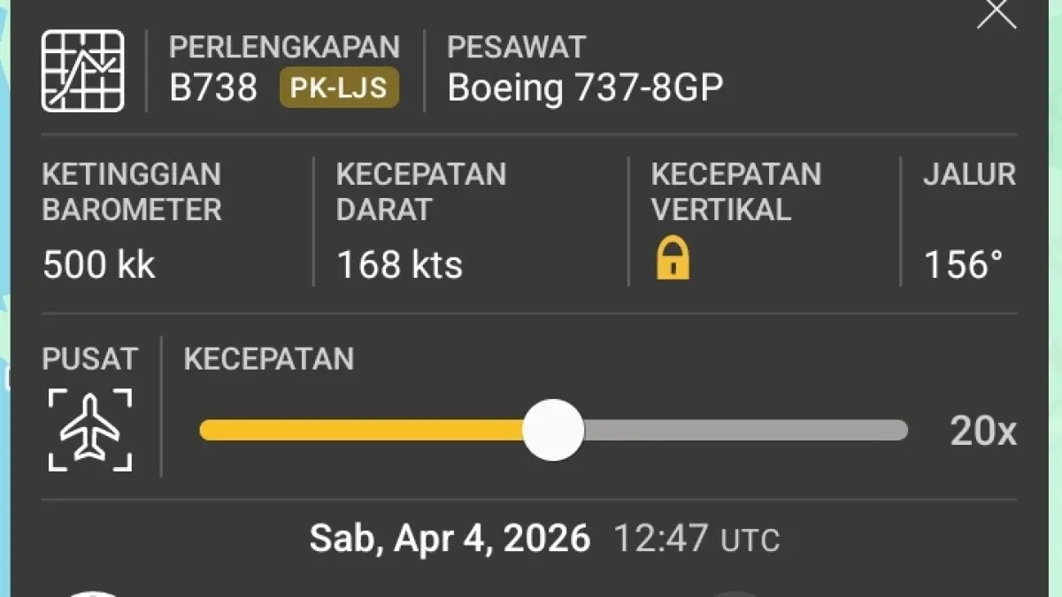Pesawat Lion Air JT 780 (LNI780) rute Makassar–Palu sempat melakukan final approach sebelum akhirnya gagal mendarat, Sabtu (4/4/2026) malam.(Flightradar24)