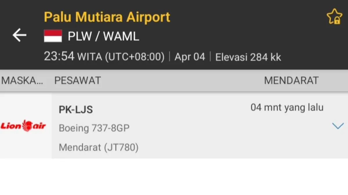 Setelah sempat gagal mendarat akibat cuaca buruk, pesawat Lion Air dengan nomor penerbangan JT 780 (LNI780) rute Makassar–Palu akhirnya berhasil mendarat di Bandara Mutiara SIS Al-Jufri (MSAJ), Sabtu (4/4/2026) malam.(Flightradar24)