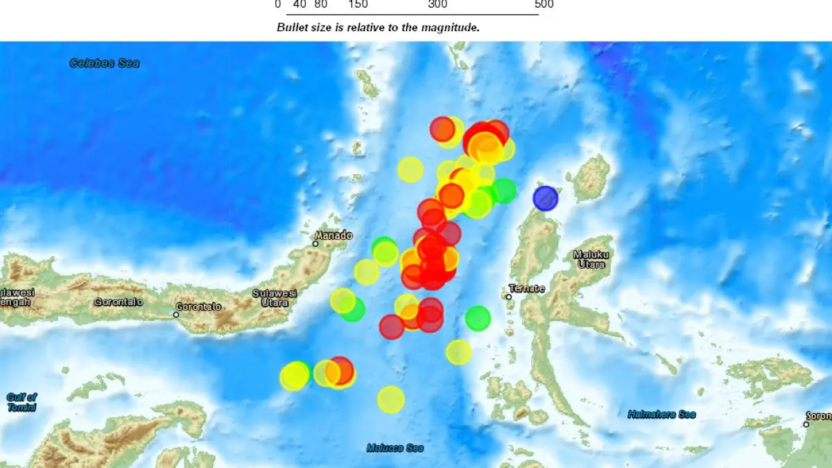 Aktivitas gempa di kawasan Laut Maluku.(Twitter/@geotechwar)