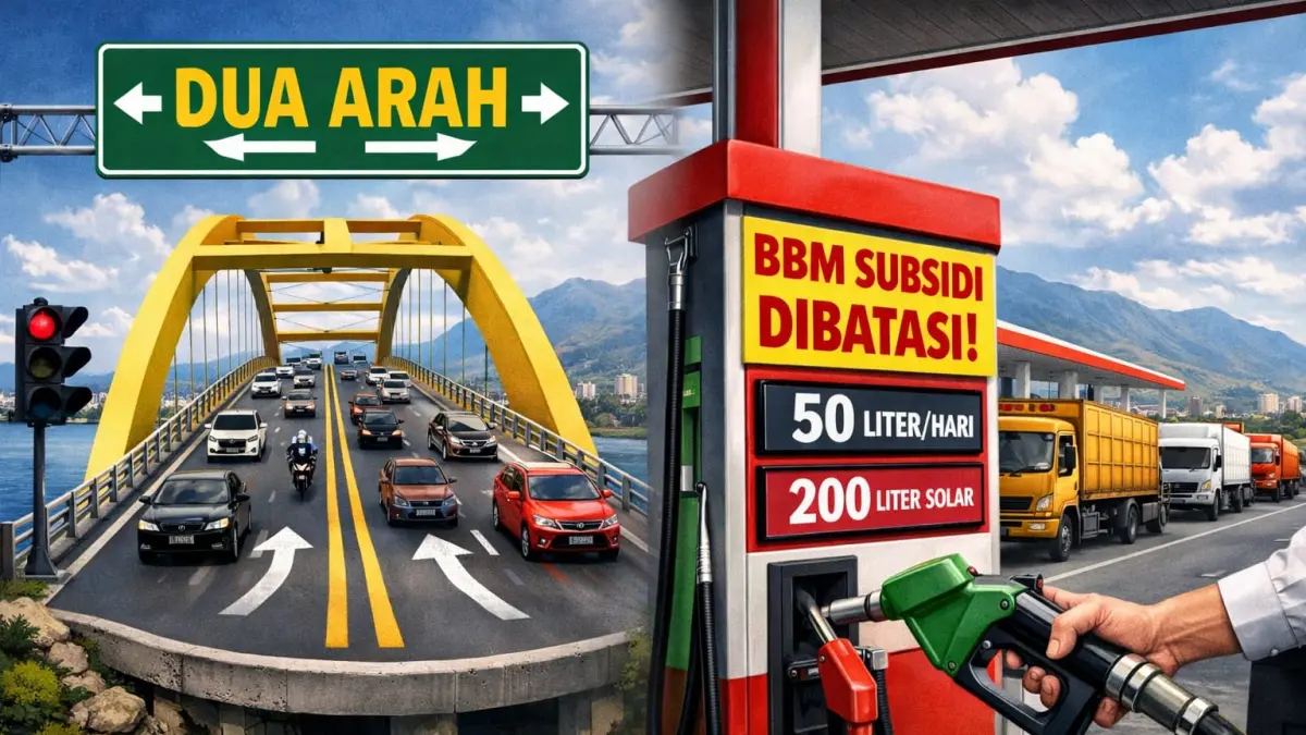 Ilustrasi rekayasa lalu lintas dua arah di jembatan Kota Palu dan pembatasan distribusi BBM subsidi yang menjadi wacana kebijakan pemerintah, menyusul hasil rapat koordinasi lintas instansi. 