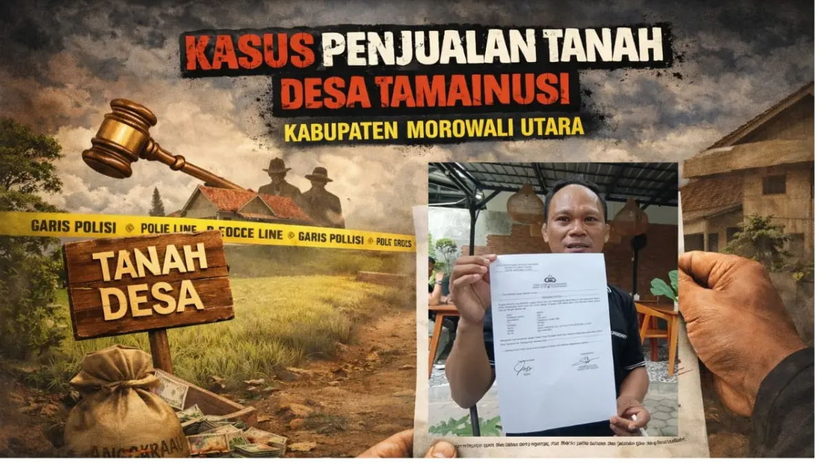 Kasus penjualan tanah Desa Tamainusi Kabupaten Morowali Utara yang belum mendapat kejelasan penananganan di Polres Morowali Utara,(Ilustrasi dibuat dengan AI)