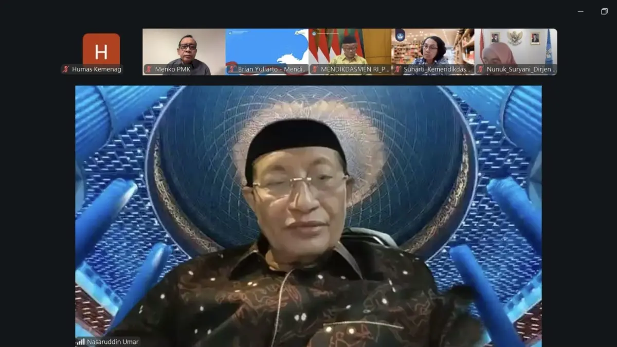 Menteri Agama Nasaruddin Umar saat mengikuti rapat tingkat menteri secara daring membahas usulan tambahan anggaran pendidikan keagamaan 2026. (HUMAS KEMENAG RI)