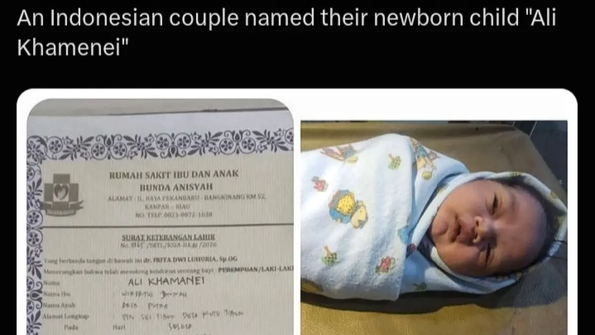 Bayi laki-laki yang lahir di Rumah Sakit Ibu dan Anak Bunda Anisyah, Kabupaten Kampar, Riau, yang diberi nama Ali Khamenei.(Twitter/@IRanMediaco)