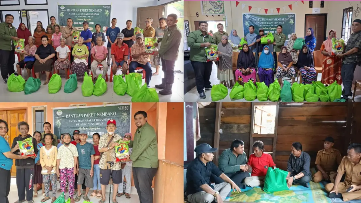 BERI BANTUAN: PT Agro Nusa Abadi (PT ANA) menyalurkan ratusan paket sembako kepada warga di tujuh desa sekitar wilayah operasional sebagai bentuk kepedulian jelang Idul Fitri. FOTO: IST.