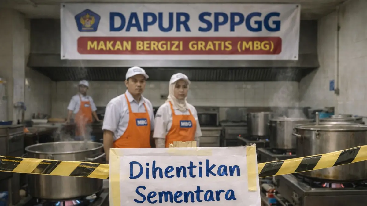 Ilustrasi dapur program Makan Bergizi Gratis (MBG) yang dihentikan sementara untuk evaluasi standar kualitas dan keamanan pangan.