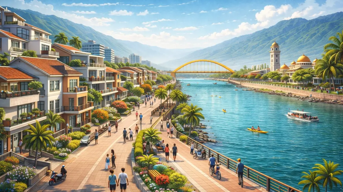 Ilustrasi konsep waterfront city di bantaran Sungai Palu yang akan mengubah orientasi permukiman menghadap sungai sebagai ruang publik.