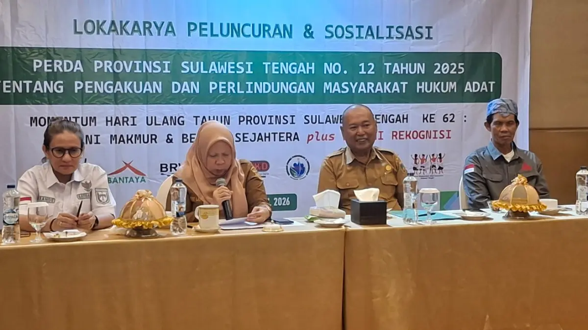 Wakil Gubernur Sulawesi Tengah, Reny Lamadjido, saat membuka kegiatan sosialisasi Perda Nomor 12 Tahun 2025 tentang Pengakuan dan Perlindungan Masyarakat Hukum Adat di salah satu hotel di Jalan Samratulangi, Palu, Selasa (7/4/2026).