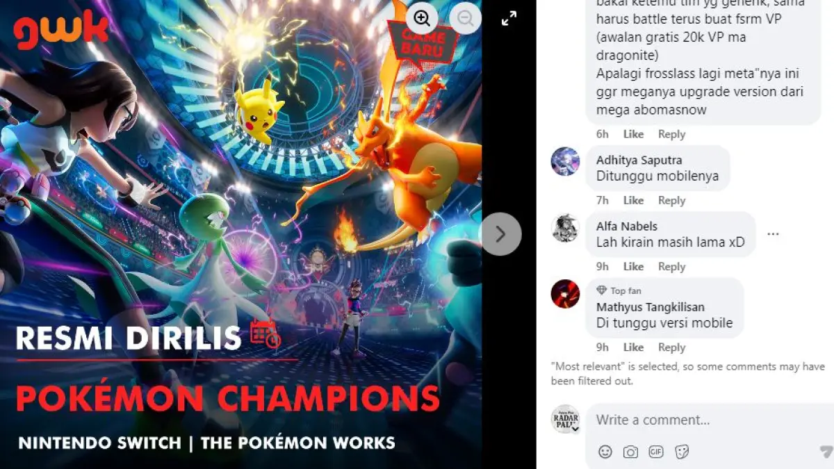 DINANTI: Salah satu postingan Pokemon Champhions di media sosial Facebook.(Foto: Facebook/Gamerwk)