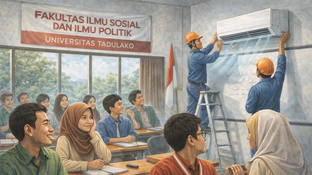 Ilustrasi ruang kelas FISIP Untad yang kini dilengkapi AC, meningkatkan kenyamanan belajar mahasiswa di tengah cuaca panas Palu. (Ilustrasi ai/Radar Palu)