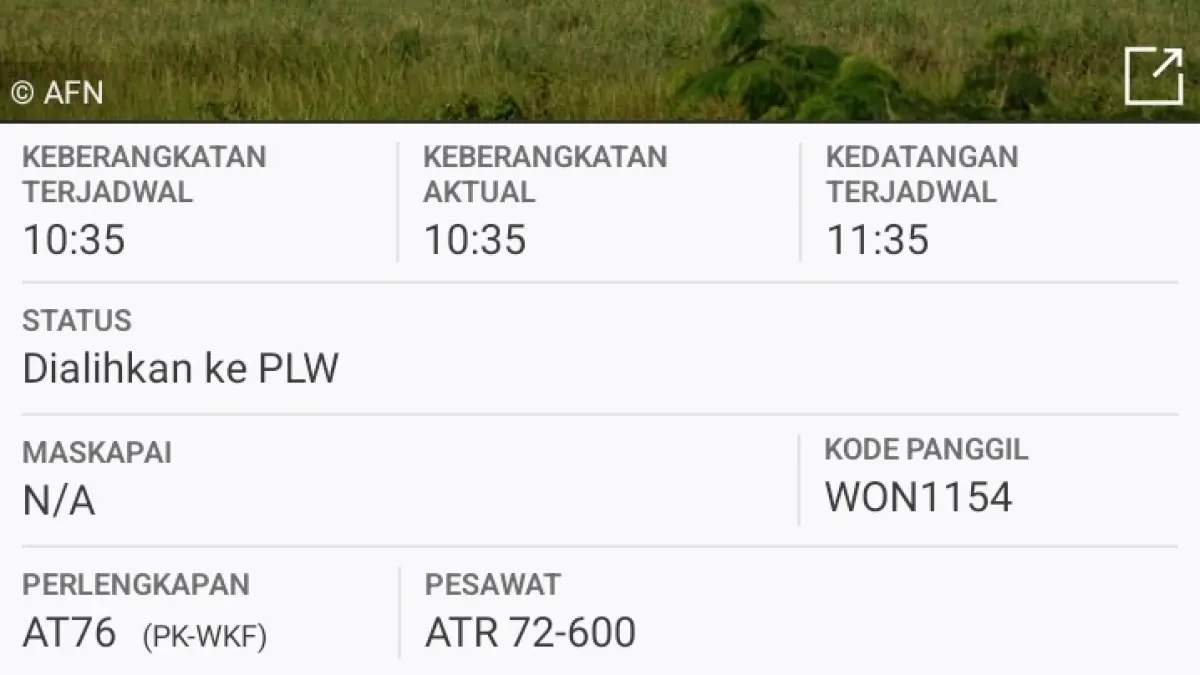 Penerbangan Wings Air rute Palu–Tolitoli dengan nomor IW1154 kembali lagi ke Bandara Mutiara Sis Al-Jufri Palu, Senin (13/4/2026).(Flightradar24)