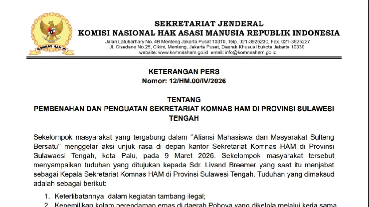 Keterangan Pers yang dibuat oleh Komnas HAM RI terkait pencopotan Livand Breemer.