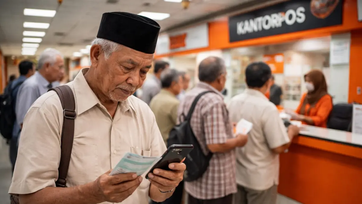 Seorang pensiunan antre di kantor pos sambil mengecek saldo, di tengah kabar simpang siur soal kenaikan gaji 2026.(ILUSTRASI)