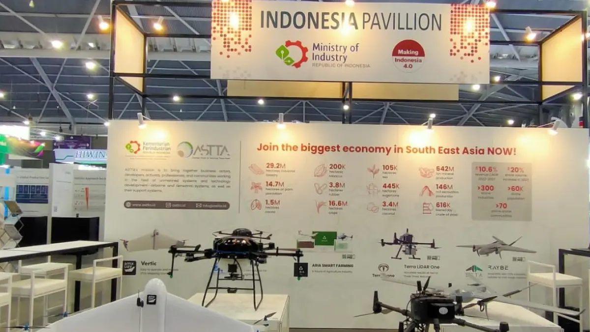 Sejumlah drone pertanian yang dipamerkan dalam suatu event di Jakarta. FOTO: KEMENPERIN