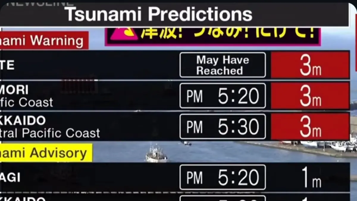 Siaran televisi Jepang menampilkan peringatan tsunami hingga 3 meter usai gempa M 7,4, warga pesisir diminta segera evakuasi.(Infogempadunia)
