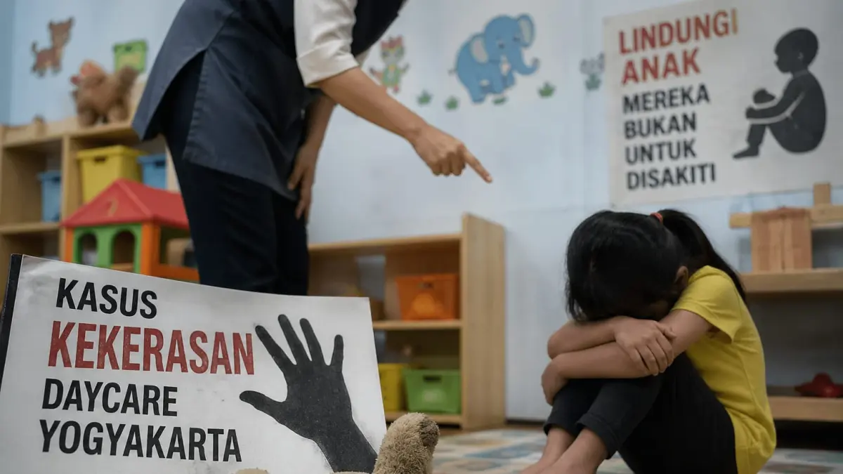 Ilustrasi kasus kekerasan daycare Yogyakarta yang menyeret ratusan anak sebagai korban dan disorot DPR RI.(Ilustrasi ai/RADAR PALU)