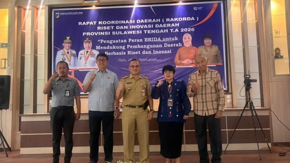  tersebut diwujudkan melalui kehadiran Rakorda Riset dan Inovasi Daerah Provinsi Sulawesi Tengah Tahun 2026 yang digelar di Kantor Badan Riset dan Inovasi Daerah, Selasa (28/4/2026).(Dok Kemenkum Sulteng)