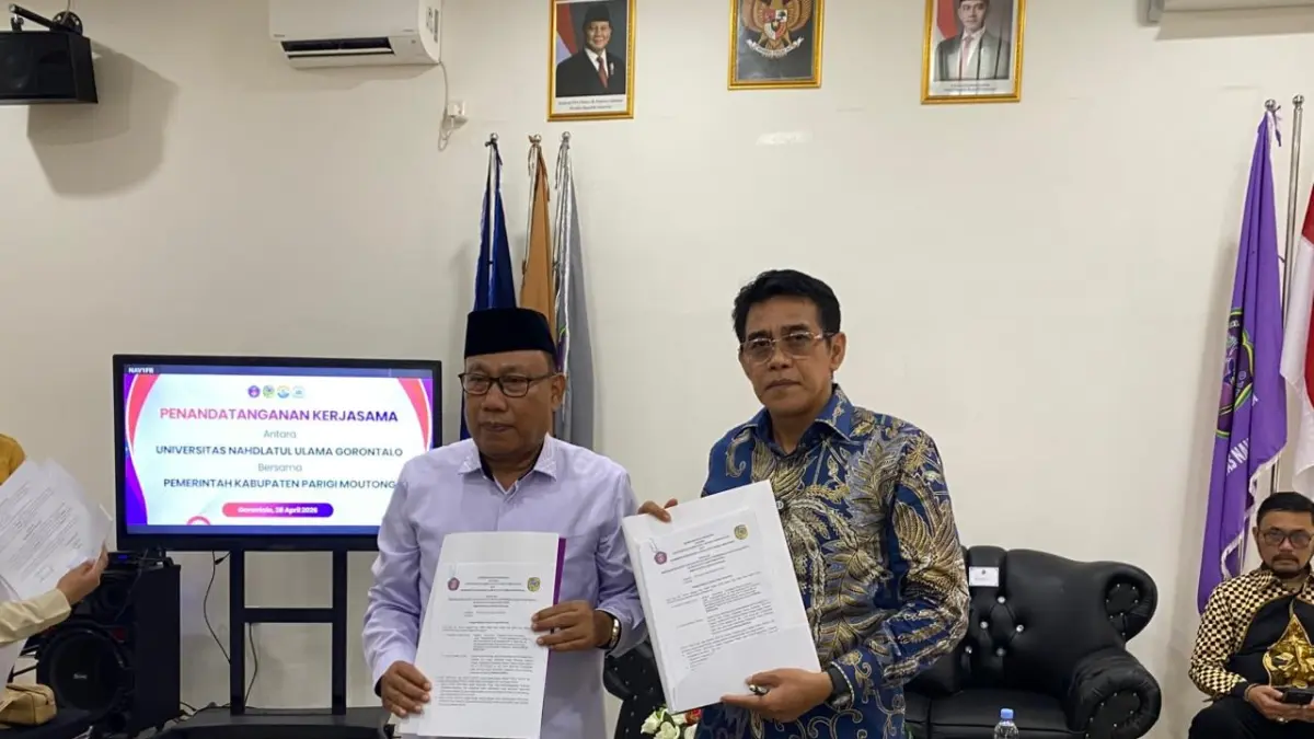 KOMITMEN: Bupati ParimoH. Erwin Burase bersama jajaran Universitas Nahdlatul Ulama saat penandatanganan perjanjian kerja sama program beasiswa di Gorontalo, Selasa (28/4/2026).(FOTO: RAHMAT FADHIL/RADAR PALU).&nbsp;

