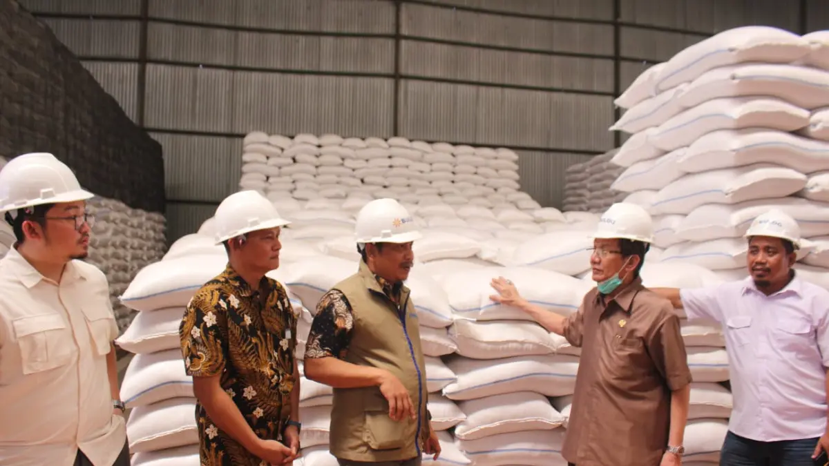 Longki Djanggola saat meninjau gudang Bulog di Parigi Moutong untuk memastikan stok beras aman dan serapan panen petani optimal.