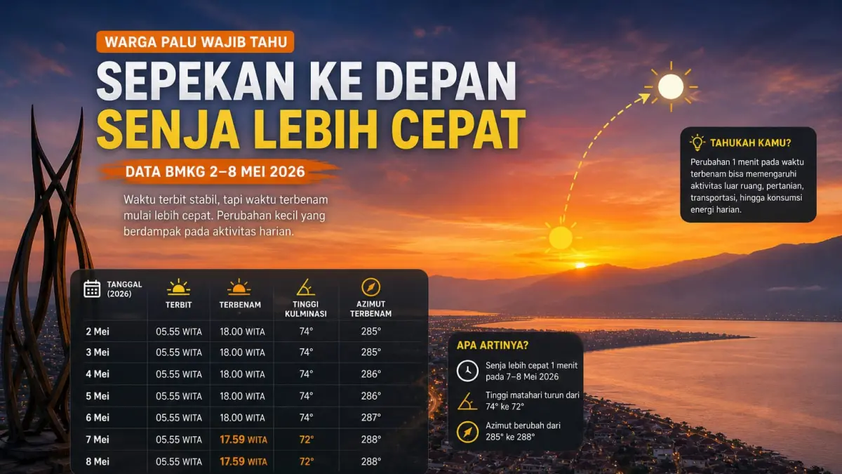 Data BMKG menunjukkan perubahan waktu terbenam matahari di Palu awal Mei 2026.