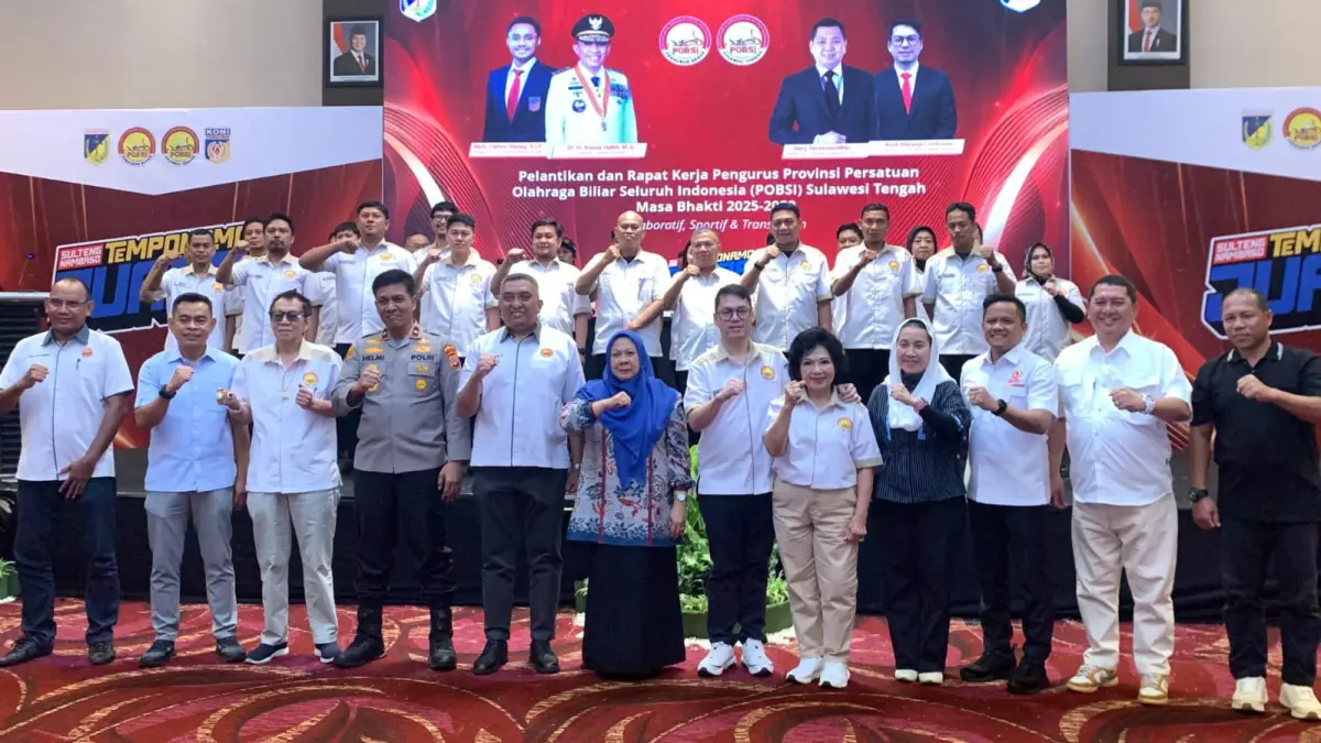 Pengurus Persatuan Olahraga Biliar Seluruh Indonesia (POBSI) Sulawesi Tengah periode 2025–2029 resmi dilantik oleh Pengurus Besar (PB) POBSI.(Rina Abd Halik)