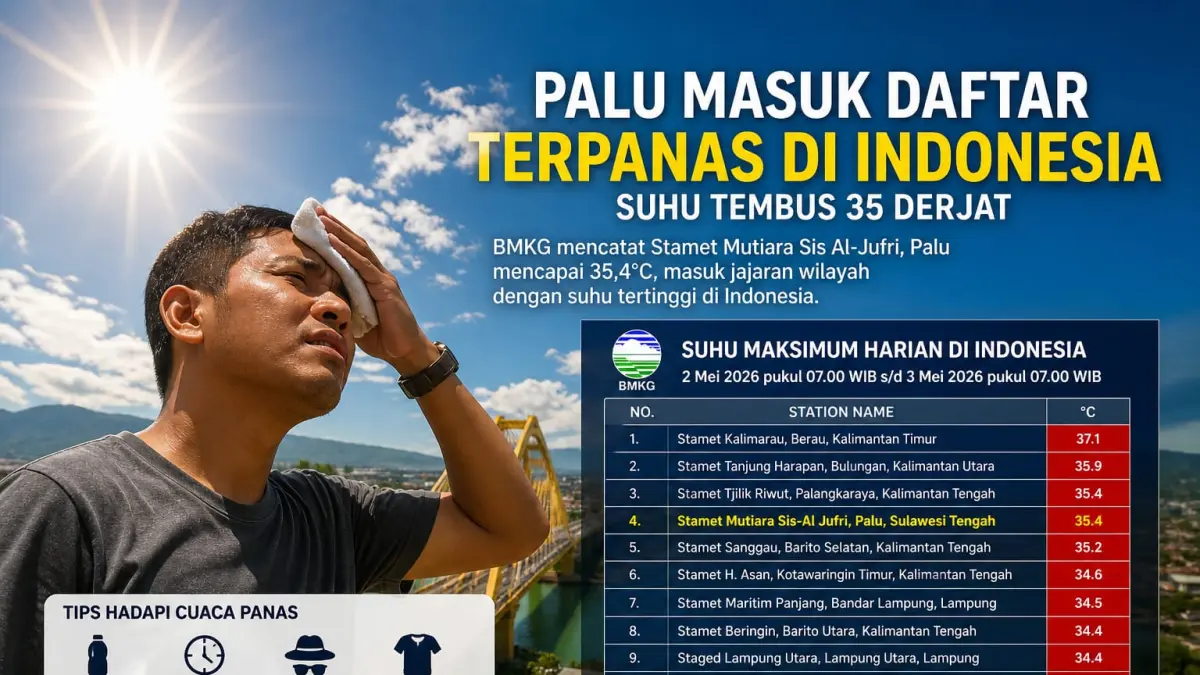 Data BMKG menunjukkan Palu masuk dalam daftar wilayah dengan suhu maksimum tertinggi di Indonesia, mencapai 35,4 derajat Celsius.