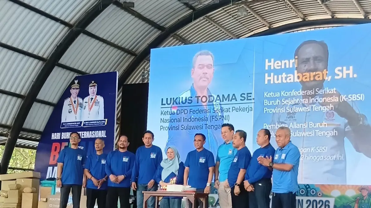 Peringatan May Day Sulteng Nambaso di Milenium Water Park, Minggu (3/5/2026).(Rony Sandhi/Radar Palu)
