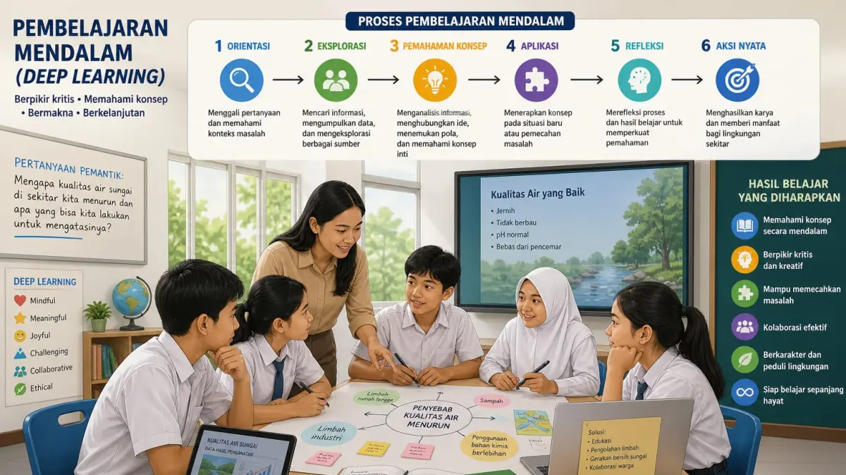 Ilustrasi proses pembelajaran mendalam&nbsp;(deep learning) di kelas yang menekankan pemahaman konsep.(Ilustrasi ai)