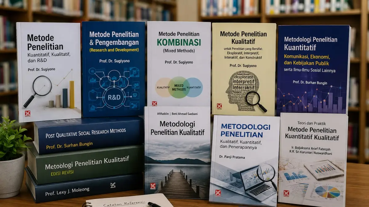 Deretan buku metodologi penelitian karya para ahli menjadi referensi utama mahasiswa dalam menyusun proposal hingga skripsi di perpustakaan. (Foto: ilustrasi ai/Radar Palu)

