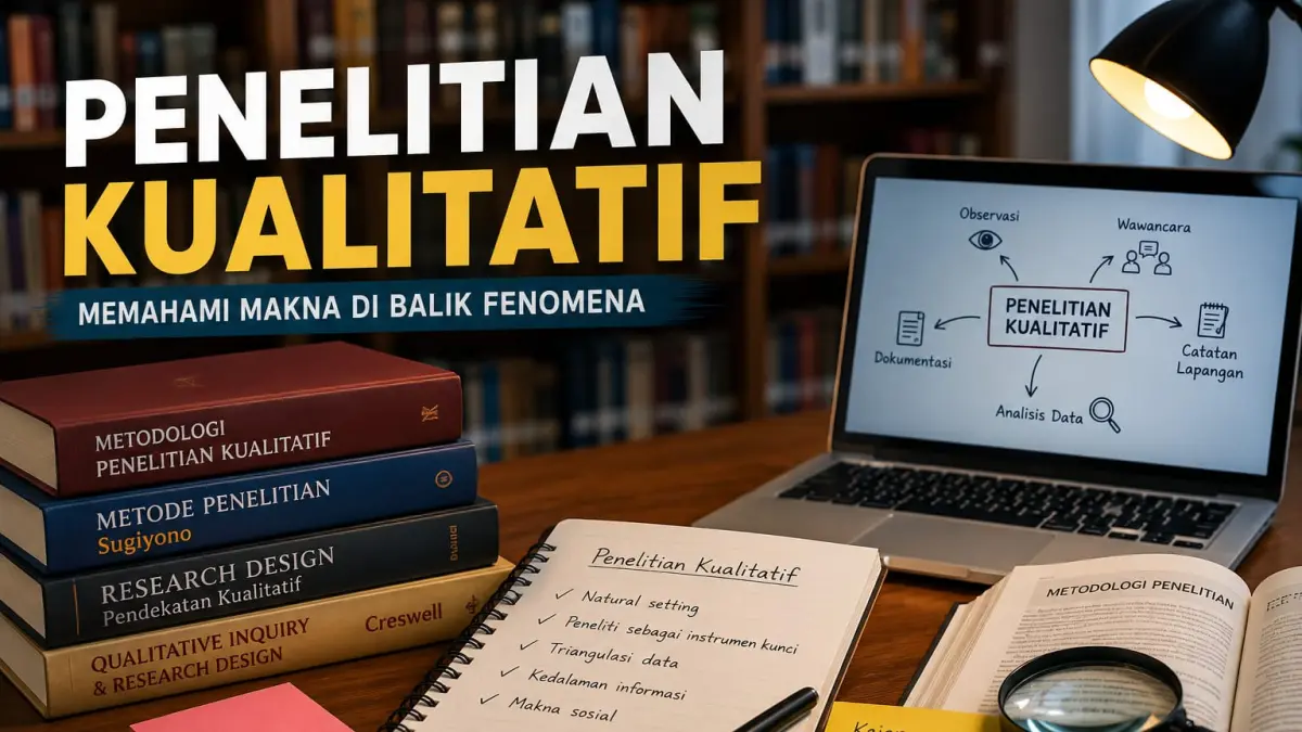  Ilustrasi suasana belajar mahasiswa dengan referensi metodologi penelitian kualitatif, menekankan pentingnya pemahaman konsep, kedalaman data, dan analisis makna dalam penyusunan skripsi. (Ilustrasi ai/Radar Palu)