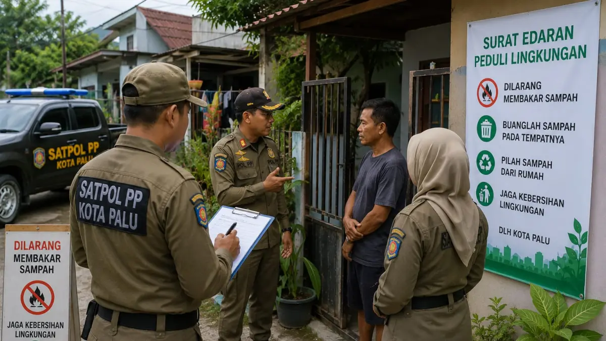 Satpol PP Palu akan turun ke rumah warga untuk mengawasi larangan pembakaran sampah di Palu demi menjaga lingkungan tetap bersih. (Ilustrasi ai/Radar Palu)