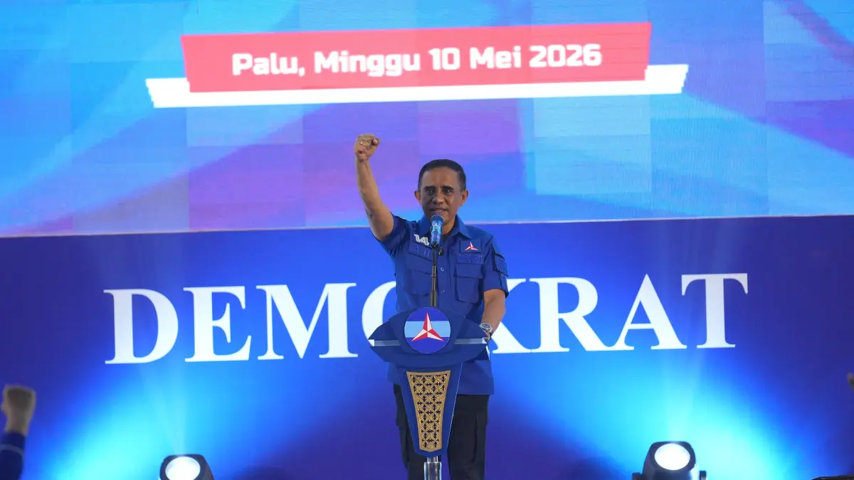 Anwar Hafid menyampaikan pidato politik saat Musda V Demokrat Sulteng di Palu dengan tema Demokrat Menang, Sulteng Nambaso.(Istimewa)
