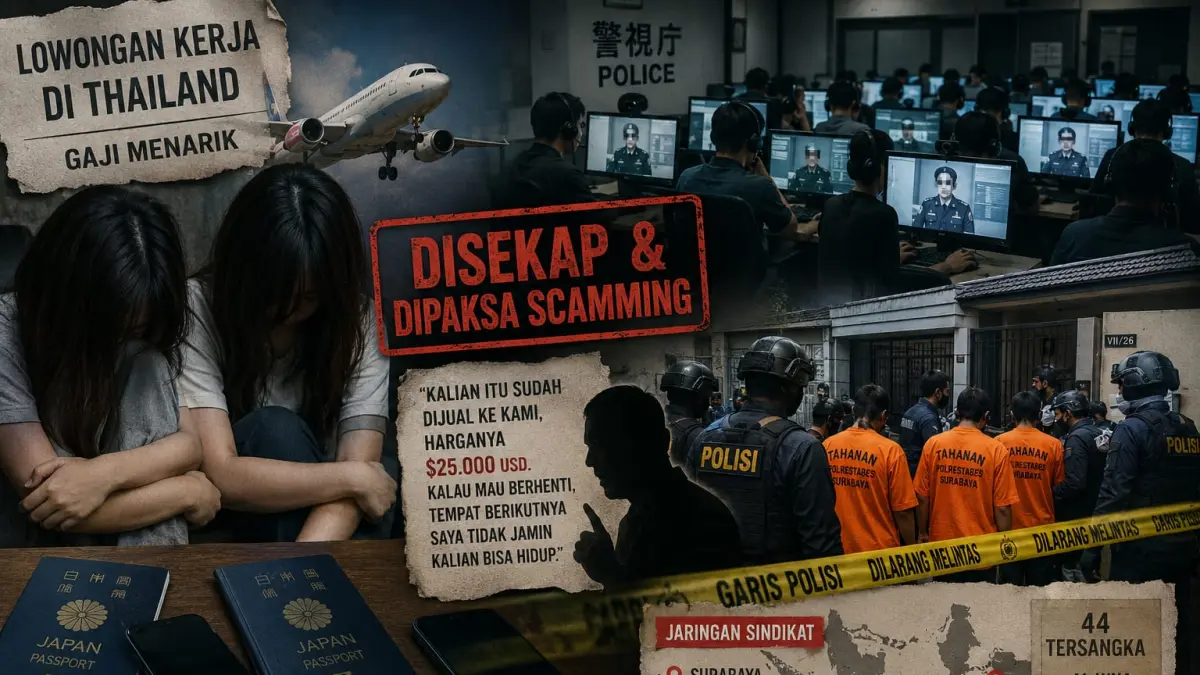 Dua WNA Jepang diduga disekap sindikat scamming internasional di Surabaya. Korban dipaksa menjadi operator penipuan online. (Ilustrasi ai)