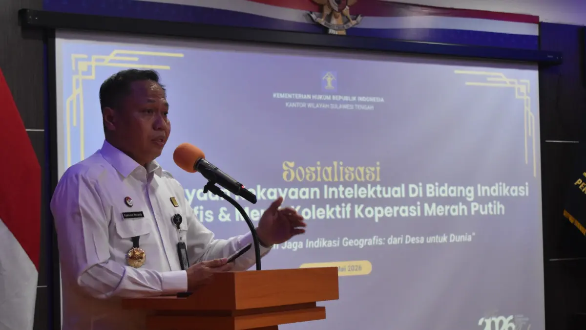 Kanwil Kemenkum Sulteng menggelar sosialisasi perlindungan produk lokal Sulteng melalui indikasi geografis dan merek kolektif. Kegiatan berlangsung di Aula Garuda, Rabu (1352026). Humas Kemenkum Sulteng)