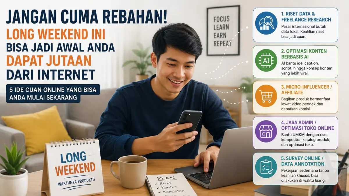 Ilustrasi pekerja digital memanfaatkan long weekend untuk mencari peluang penghasilan tambahan melalui internet menggunakan smartphone dan laptop.