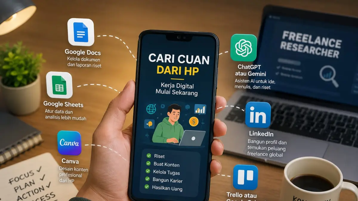 Ilustrasi pengguna Android memanfaatkan aplikasi gratis untuk memulai kerja freelance dan mencari cuan digital. Sejumlah aplikasi kini bisa membantu kerja online langsung dari HP.