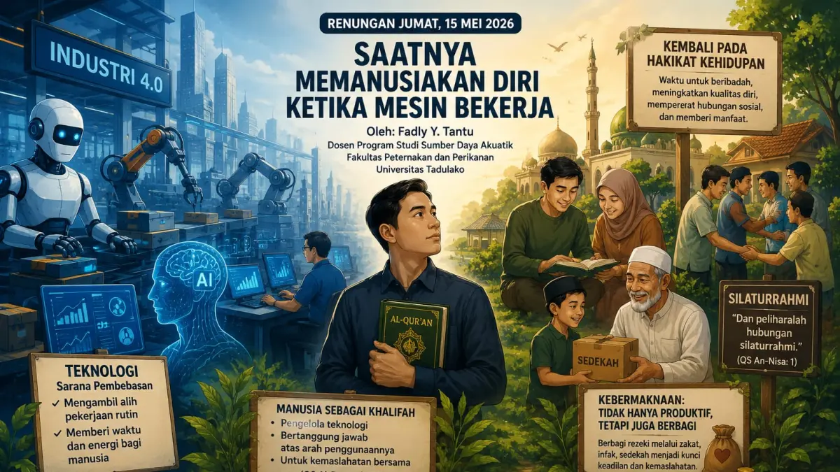 Ilustrasi refleksi Revolusi Industri 4.0 yang menggambarkan teknologi sebagai sarana pembebasan manusia untuk memperkuat ibadah, silaturrahmi, dan kepedulian sosial demi peradaban yang lebih manusiawi.