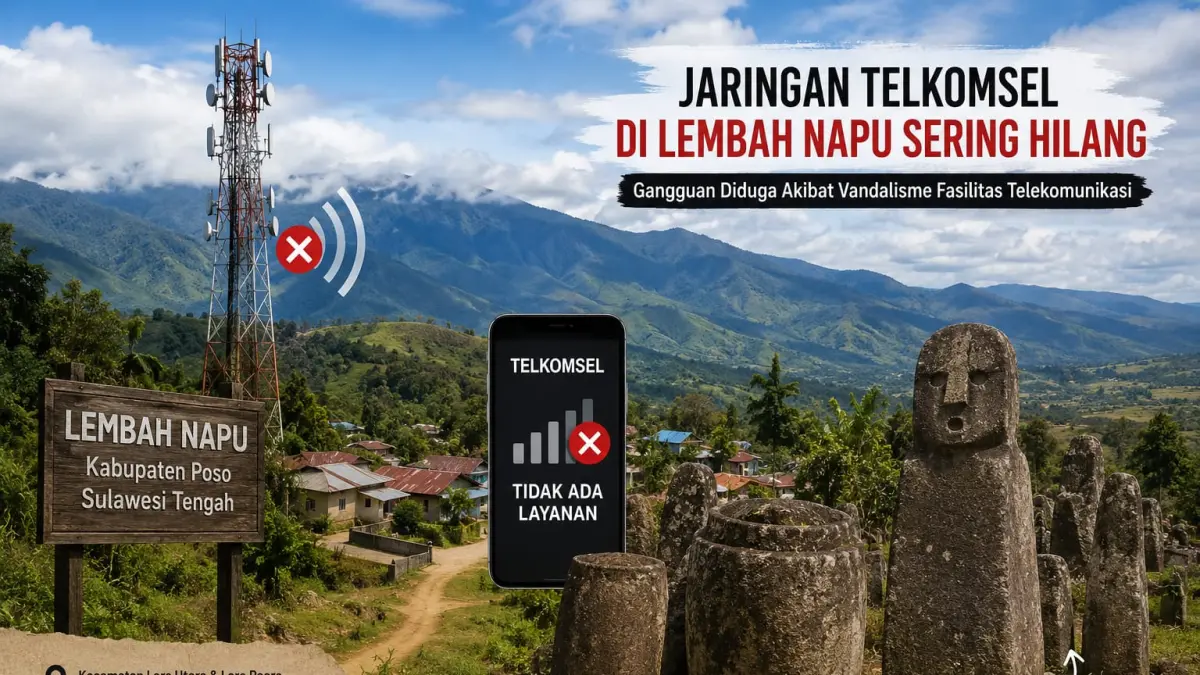 Ilustrasi gangguan jaringan Telkomsel di kawasan Lembah Napu, Kabupaten Poso, Sulawesi Tengah. (Desain gambar ai)