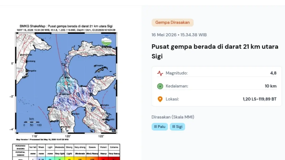 Tangkapan layar informasi BMKG terkait gempa magnitudo 4,8 yang mengguncang wilayah Kabupaten Sigi, Sulawesi Tengah, Sabtu (16/5/2026) sore. (Foto: BMKG