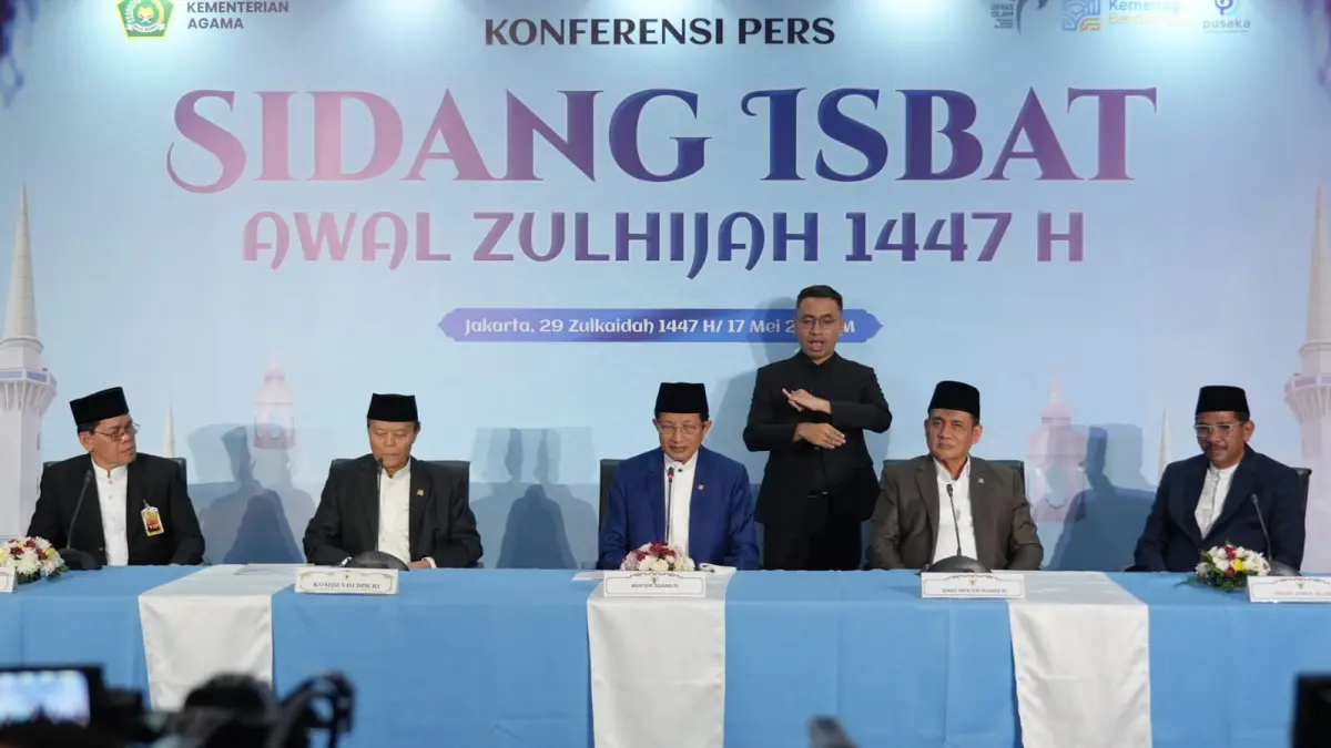 Konferensi pers Sidang Isbat penetapan awal Zulhijjah 1447 H yang digelar di Kantor Kemenag Jl. MH. Thamrin Jakarta, Minggu (17/5/2026). (KEMENAG)