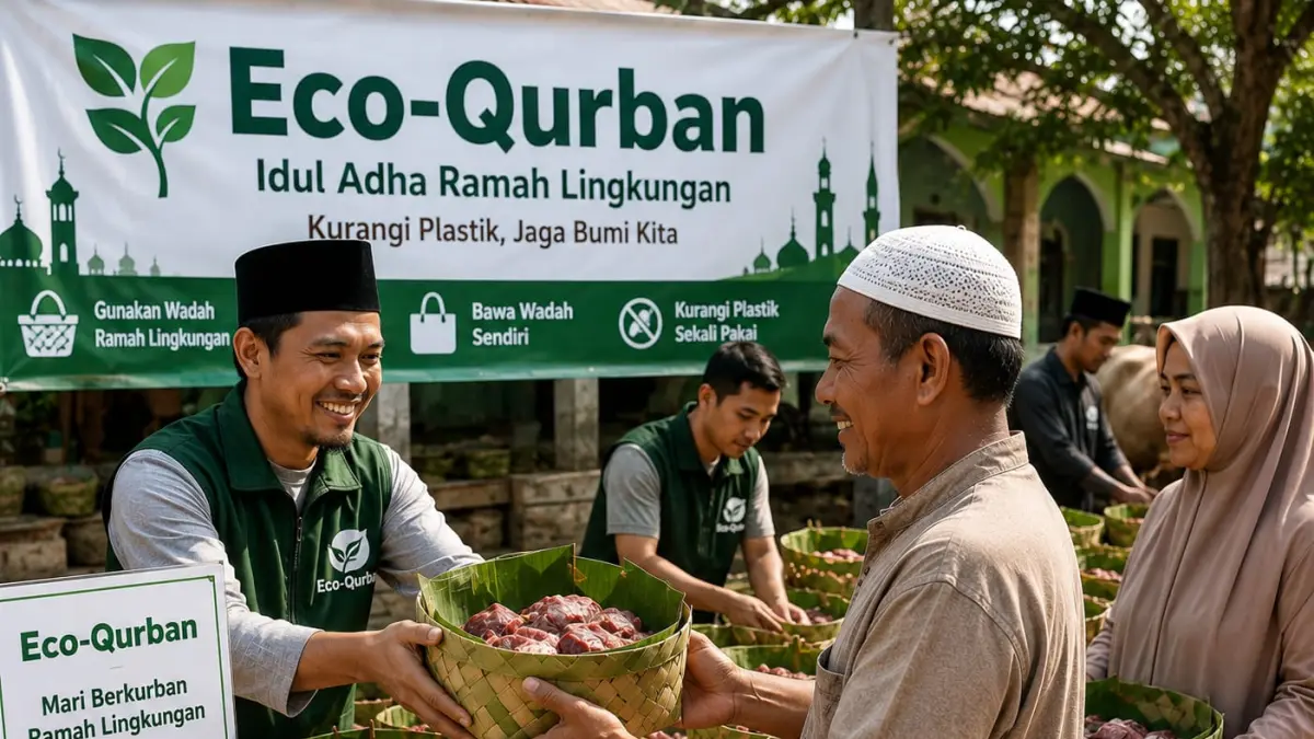 Ilustrasi penggunaan wadah ramah lingkungan untuk pembagian daging kurban jelang Iduladha 2026.
