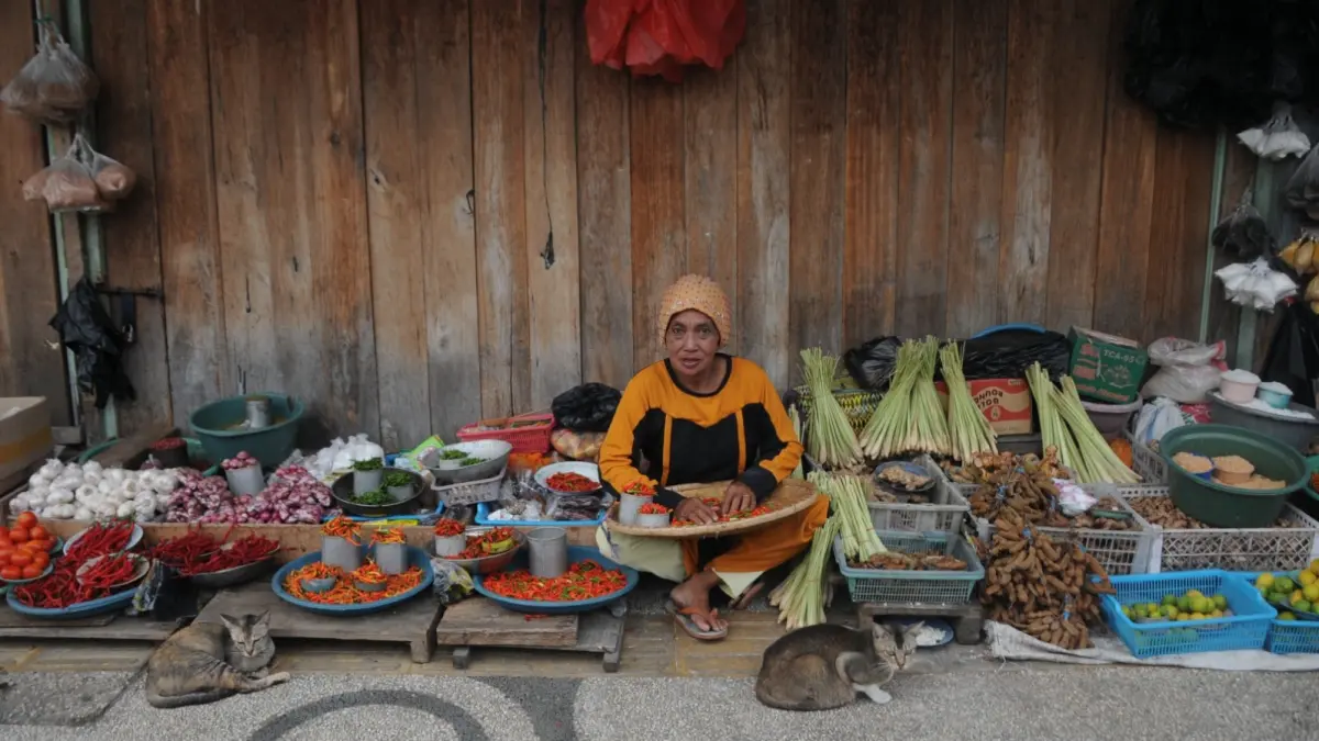 Salah seorang pedagang pasar Masomba, beberapa waktu lalu. Pemkot Palu mendorong digitalisasi transaksi di pasar tradisional melalui penerapan QRIS.(Mugni Supardi)