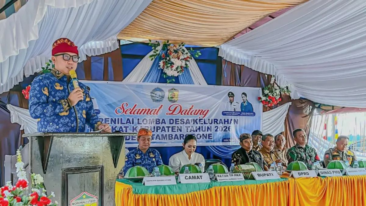 PENILAIAN: Bupati Morut, Delis Julkarson Hehi, membuka penilaian lomba Desa dan Kelurahan tingkat kabupaten 2026 di Desa Tambarobone, Kecamatan Bungku Utara, Senin (18/5/2026). (FOTO: ISTIMEWA/RADAR PALU)