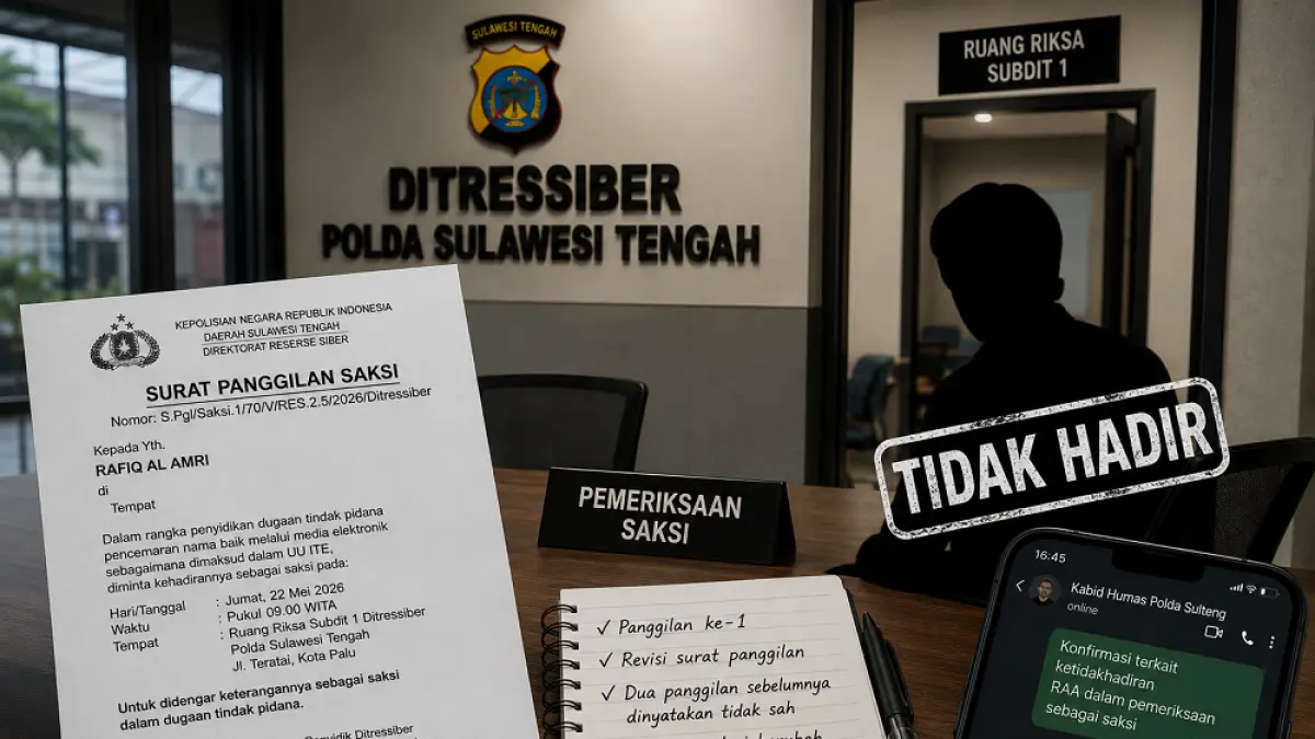 Ilutrasi panggilan pemeriksaan oleh Polda Sulteng untuk kesekian kalinya tidak dihadiri oleh Senator RAA. (Dibuat dengan AI)