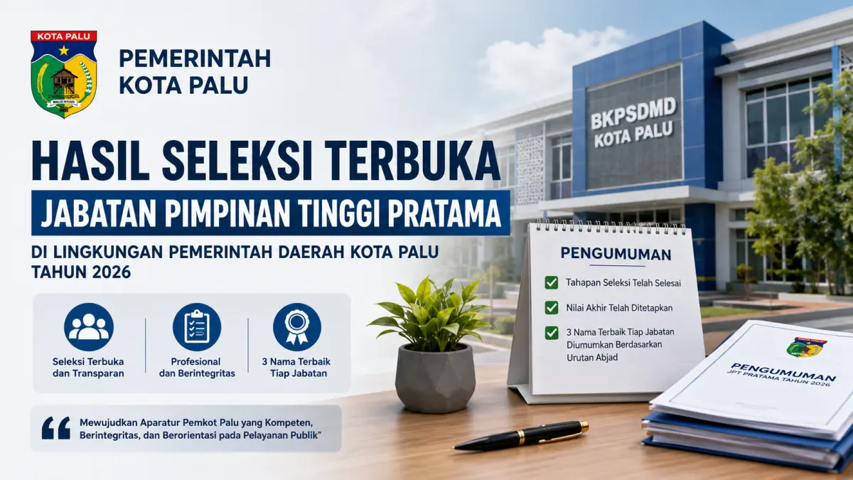 Hasil Seleksi JPT Pratama Kota Palu 2026 resmi diumumkan oleh BKPSDMD Kota Palu. Panitia menetapkan tiga nama peserta terbaik pada tiap jabatan setelah seluruh tahapan seleksi terbuka selesai dilaksanakan.(Ilustrasi ai)