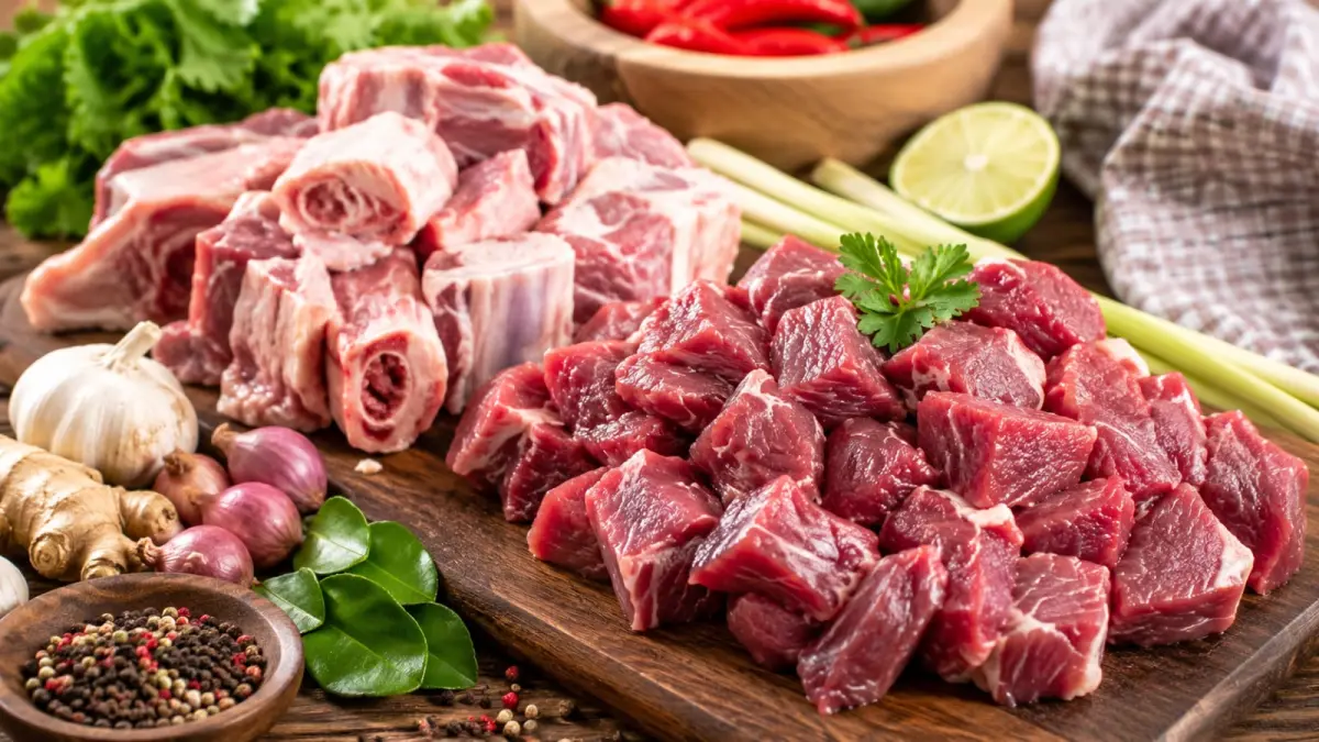 Potongan daging sapi dan kambing kurban segar yang sedang dipersiapkan untuk dimasak dengan bumbu rempah dapur.(Ilustrasi)