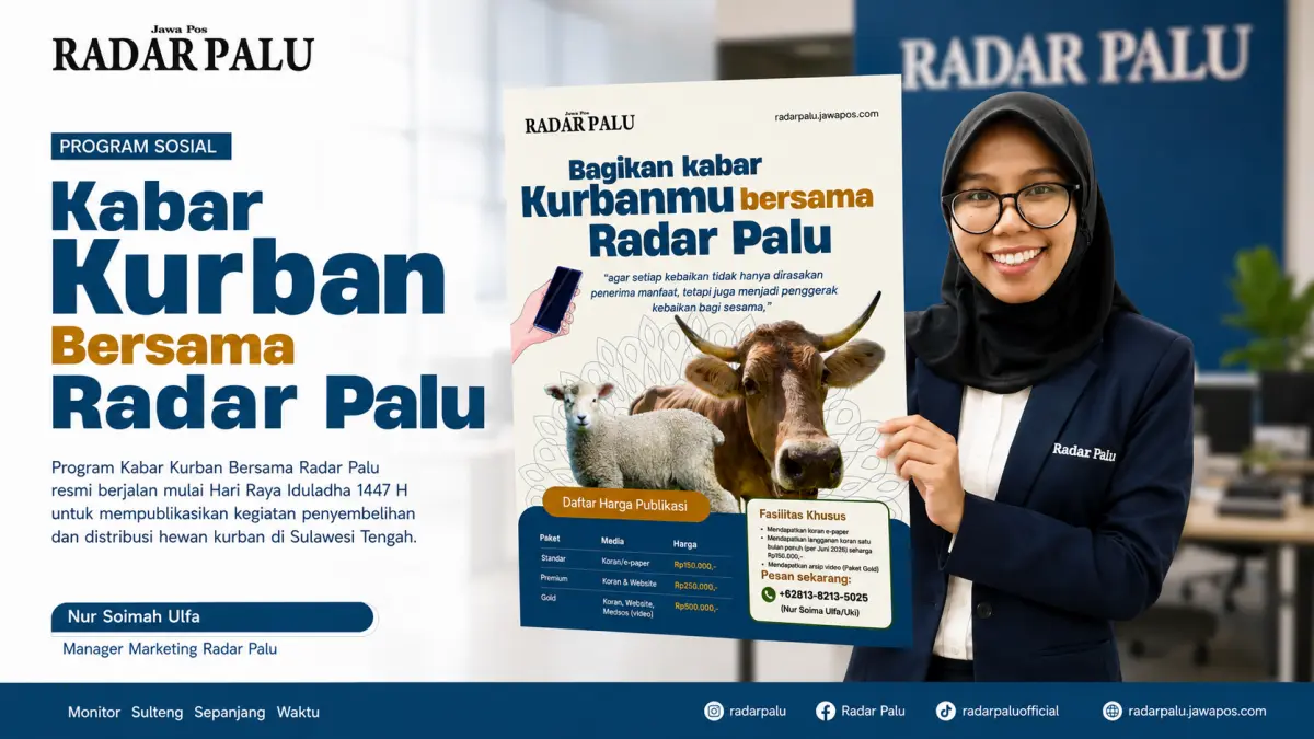 Manager Marketing Radar Palu, Nur Soimah Ulfa, memperkenalkan Program Kabar Kurban Bersama Radar Palu yang resmi berjalan mulai Hari Raya Iduladha 1447 Hijriah untuk mempublikasikan kegiatan penyembelihan dan distribusi hewan kurban di Sulawesi Tengah.(Dok. Radar Palu)