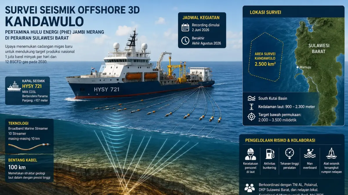 Foto Ilustrasi Kapal seismik HYSY 721 digunakan dalam Survei Seismik Offshore 3D Kandawulo di perairan Sulawesi Barat untuk memetakan potensi cadangan migas baru