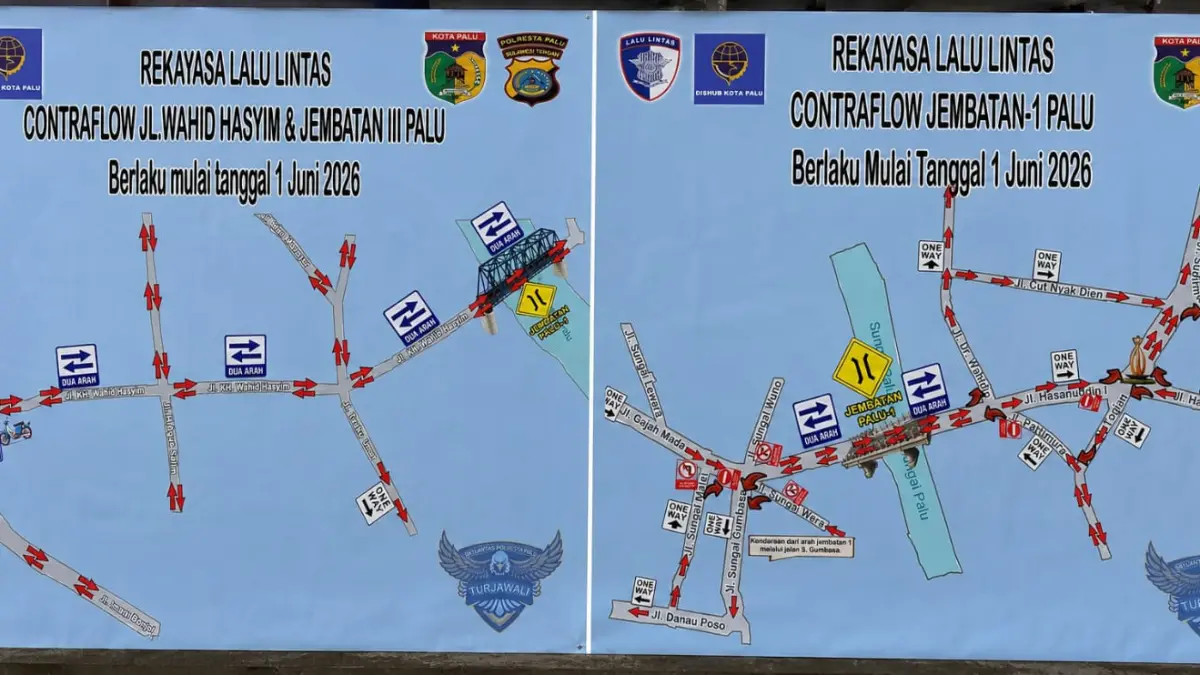 Skema rekayasa lalu lintas dua arah di kawasan Jembatan 1 dan Jembatan 3 Kota Palu yang mulai diuji coba 1 Juni 2026.(Istimewa)