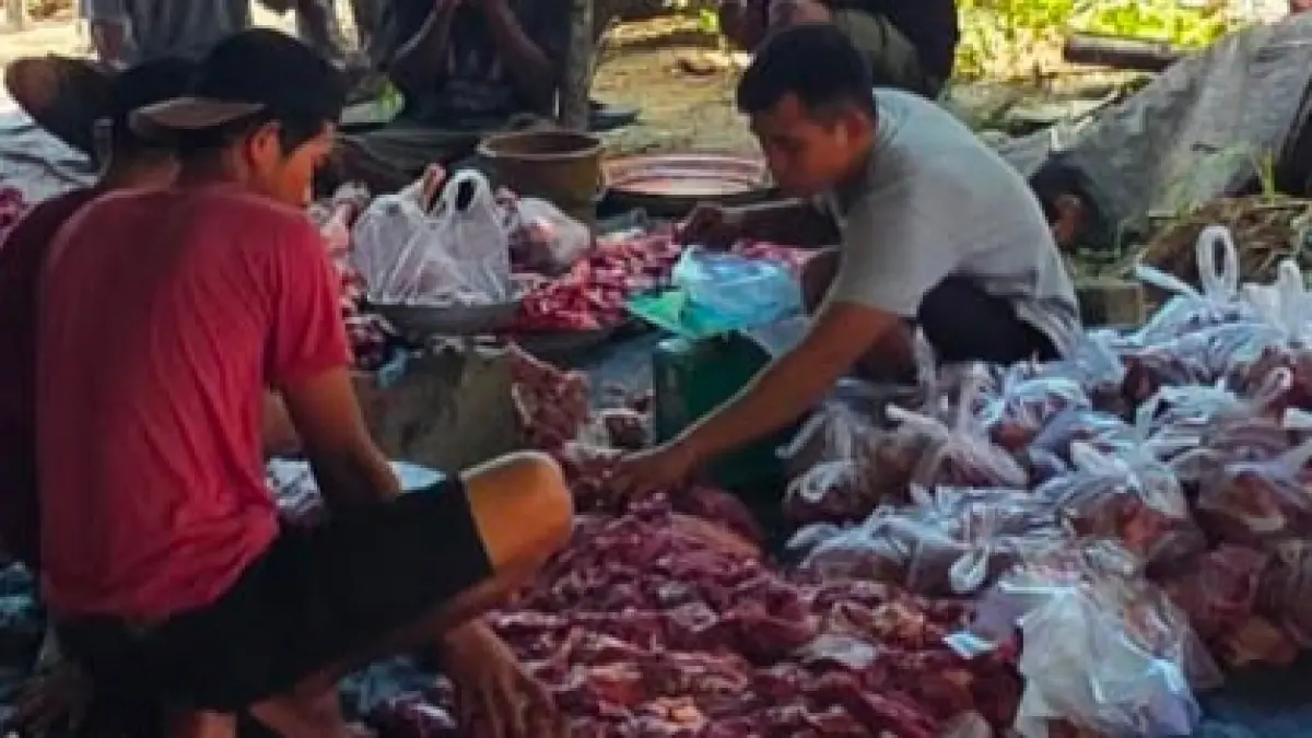 Panitia kurban menyiapkan daging kurban dari Alfian Chaniago untuk disalurkan kepada warga di Kota Palu pada momentum Iduladha 1447 Hijriah.(Annisa Wibdy/RADAR PALU)