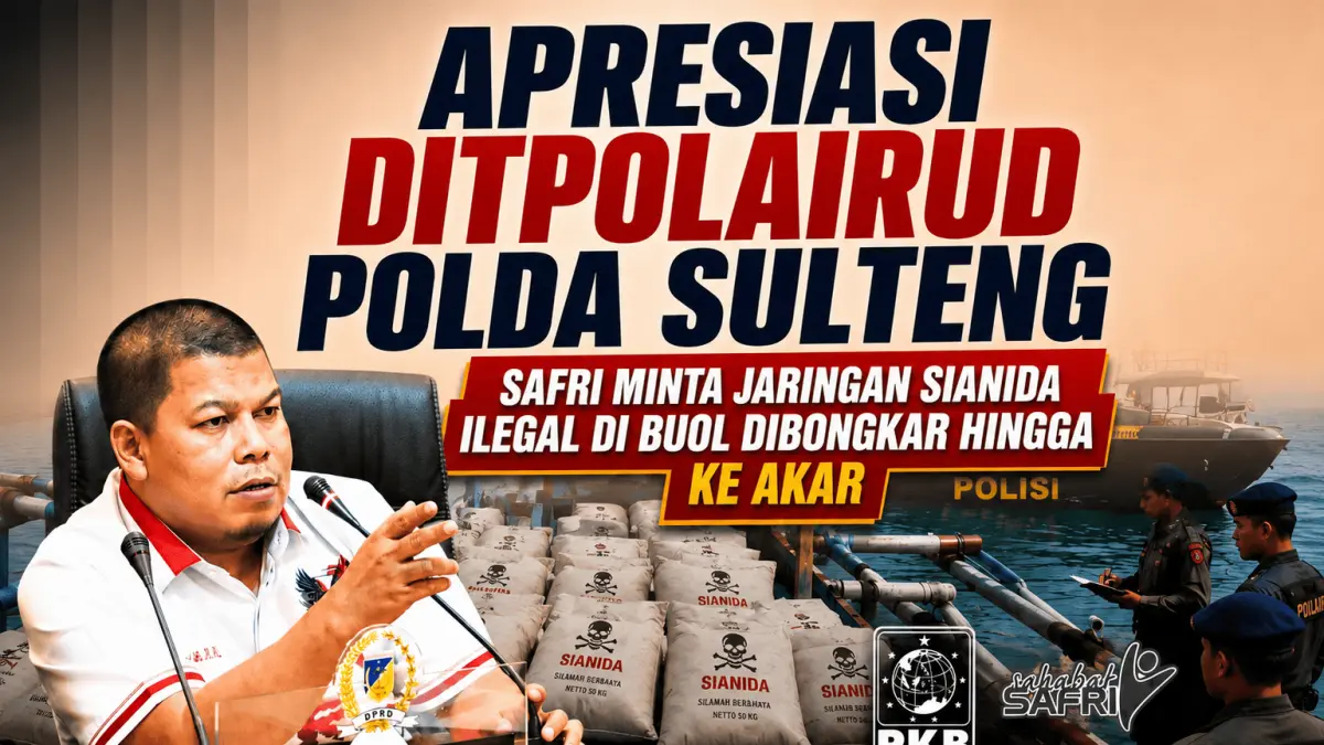 Sekretaris Komisi III DPRD Sulawesi Tengah, Muhammad Safri, saat menjadi narasumber dalam podcast Bacas di Kota Palu. Safri mengapresiasi keberhasilan Ditpolairud Polda Sulteng menggagalkan masuknya sianida ilegal asal Filipina di perairan Buol dan meminta aparat penegak hukum mengusut tuntas jaringan peredarannya hingga ke akar guna mencegah kerusakan lingkungan serta melindungi keselamatan masyarakat.